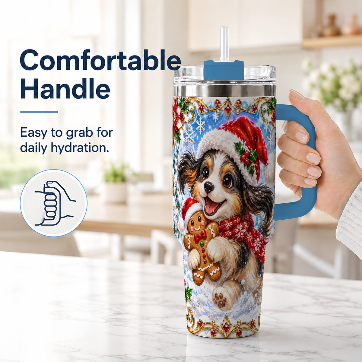#pl[40oz|Blue] Christmas Gingerbread Puppy 40oz Tumbler with Handle, Santa Dog Art