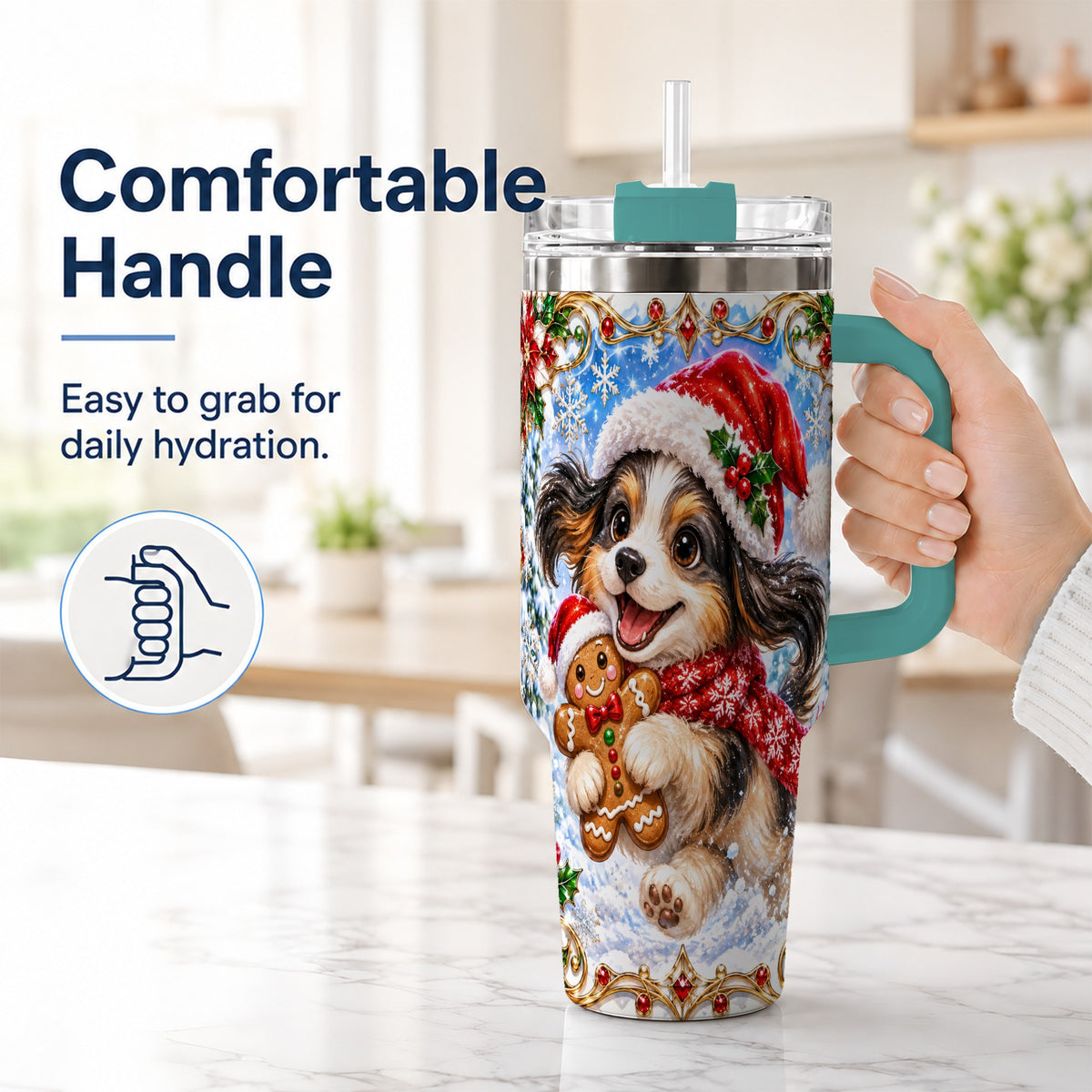 #pl[40oz|Green] Christmas Gingerbread Puppy 40oz Tumbler with Handle, Santa Dog Art