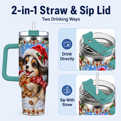 #pl[40oz|Green] Christmas Gingerbread Puppy 40oz Tumbler with Handle, Santa Dog Art