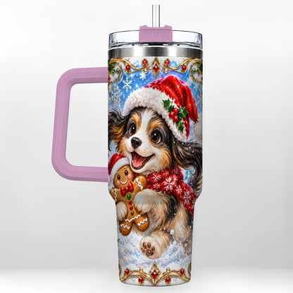 #pl[40oz|Pink] Christmas Gingerbread Puppy 40oz Tumbler with Handle, Santa Dog Art
