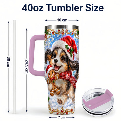 #pl[40oz|Pink] Christmas Gingerbread Puppy 40oz Tumbler with Handle, Santa Dog Art