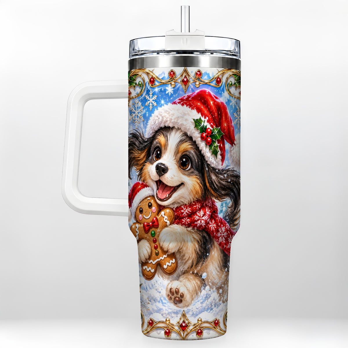 Christmas Gingerbread Puppy 40oz Tumbler with Handle, Santa Dog Art