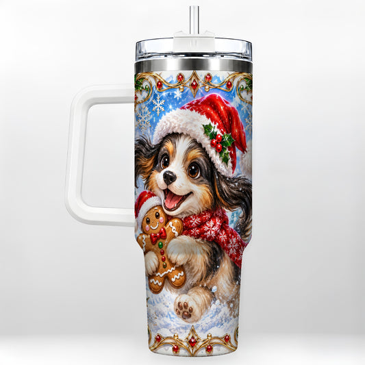 Christmas Gingerbread Puppy 40oz Tumbler with Handle, Santa Dog Art
