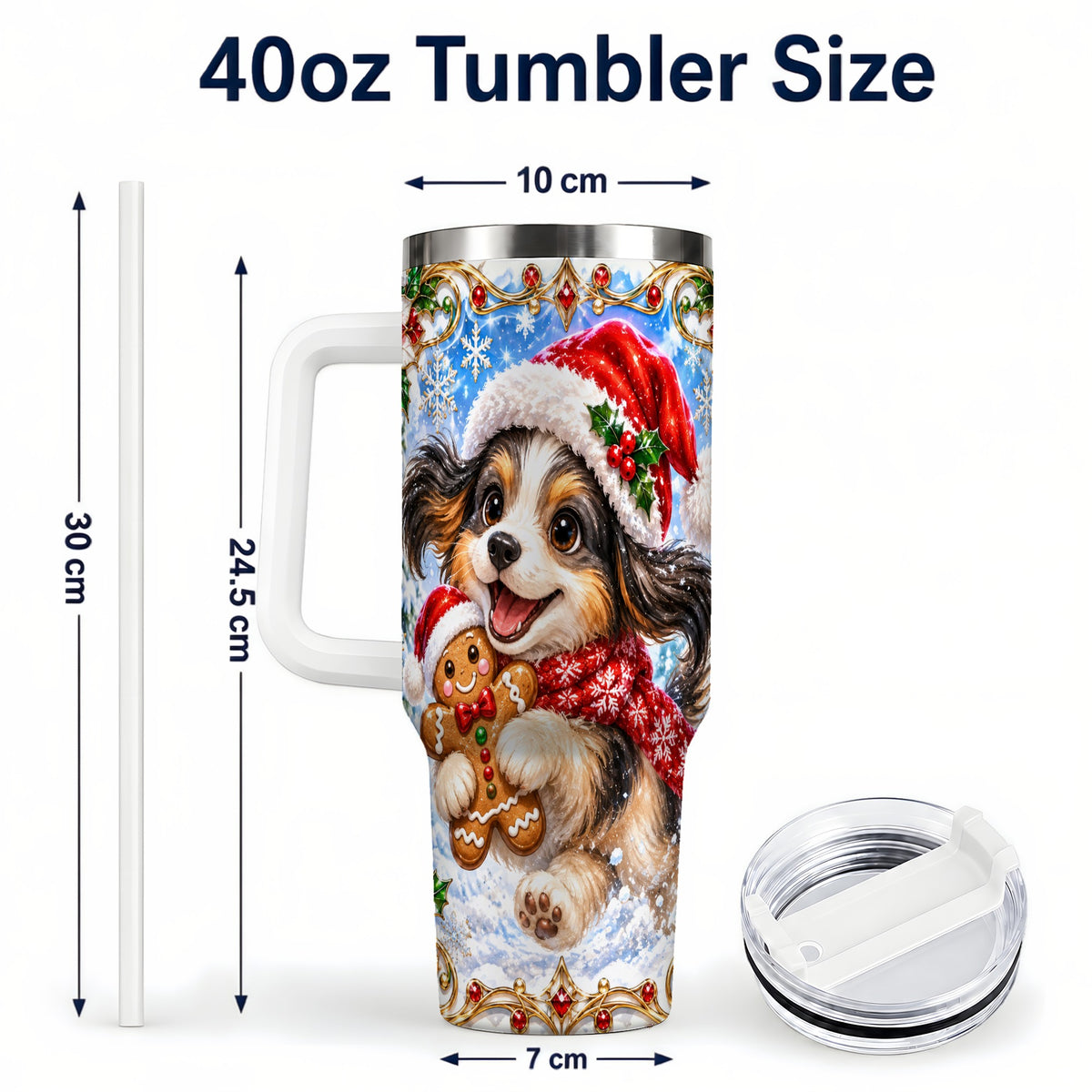 #pl[40oz|White] Christmas Gingerbread Puppy 40oz Tumbler with Handle, Santa Dog Art