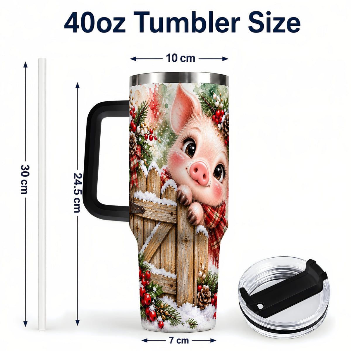 #pl[40oz|Black] Christmas Piglet 40oz Tumbler with Handle, Rustic Farmhouse Pig Art
