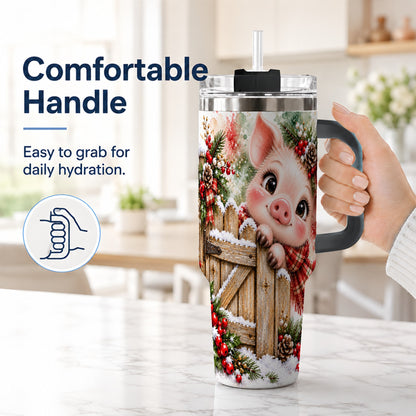 #pl[40oz|Black] Christmas Piglet 40oz Tumbler with Handle, Rustic Farmhouse Pig Art