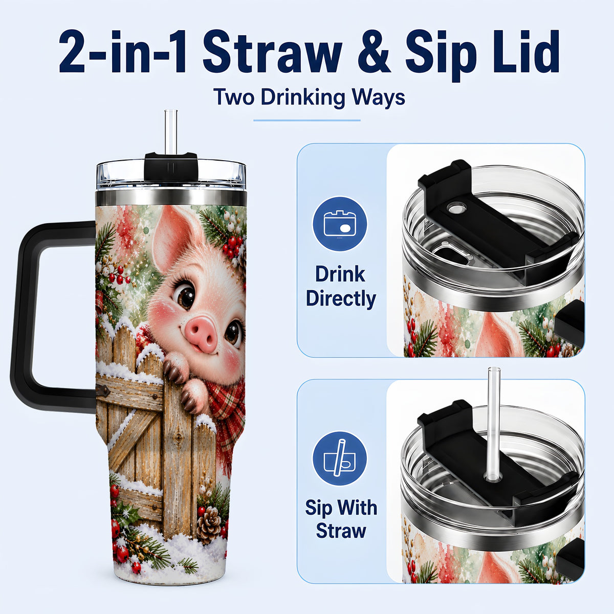 #pl[40oz|Black] Christmas Piglet 40oz Tumbler with Handle, Rustic Farmhouse Pig Art
