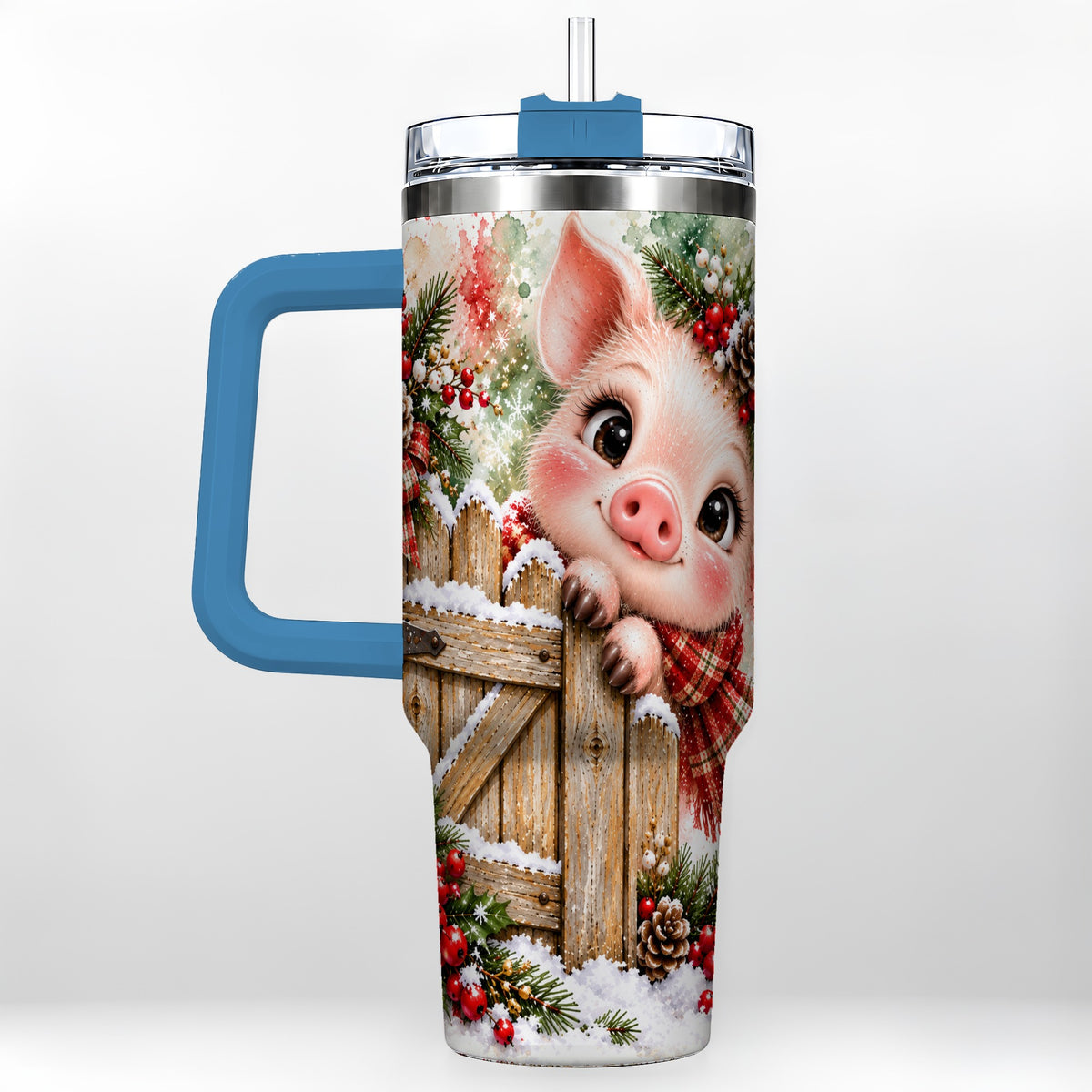 #pl[40oz|Blue] Christmas Piglet 40oz Tumbler with Handle, Rustic Farmhouse Pig Art