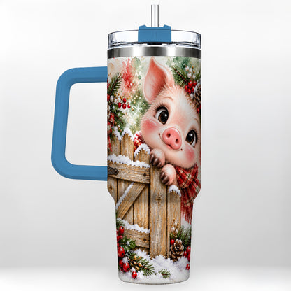#pl[40oz|Blue] Christmas Piglet 40oz Tumbler with Handle, Rustic Farmhouse Pig Art