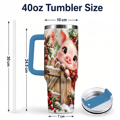 #pl[40oz|Blue] Christmas Piglet 40oz Tumbler with Handle, Rustic Farmhouse Pig Art