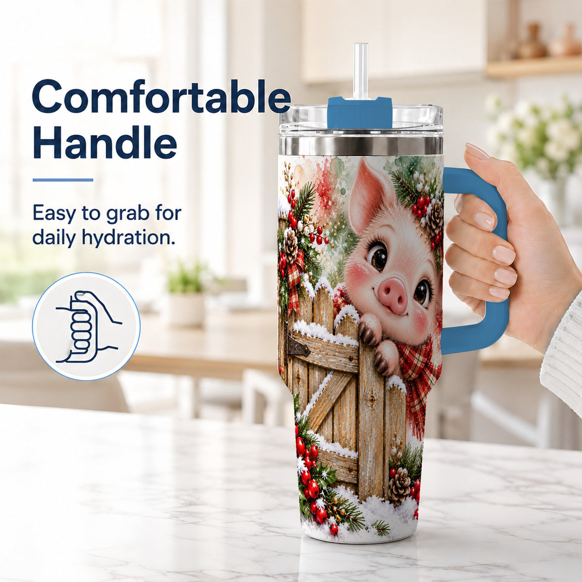 #pl[40oz|Blue] Christmas Piglet 40oz Tumbler with Handle, Rustic Farmhouse Pig Art