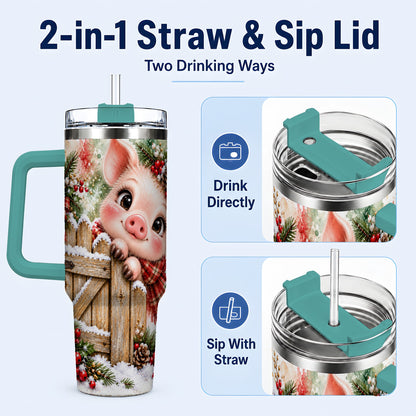 #pl[40oz|Green] Christmas Piglet 40oz Tumbler with Handle, Rustic Farmhouse Pig Art