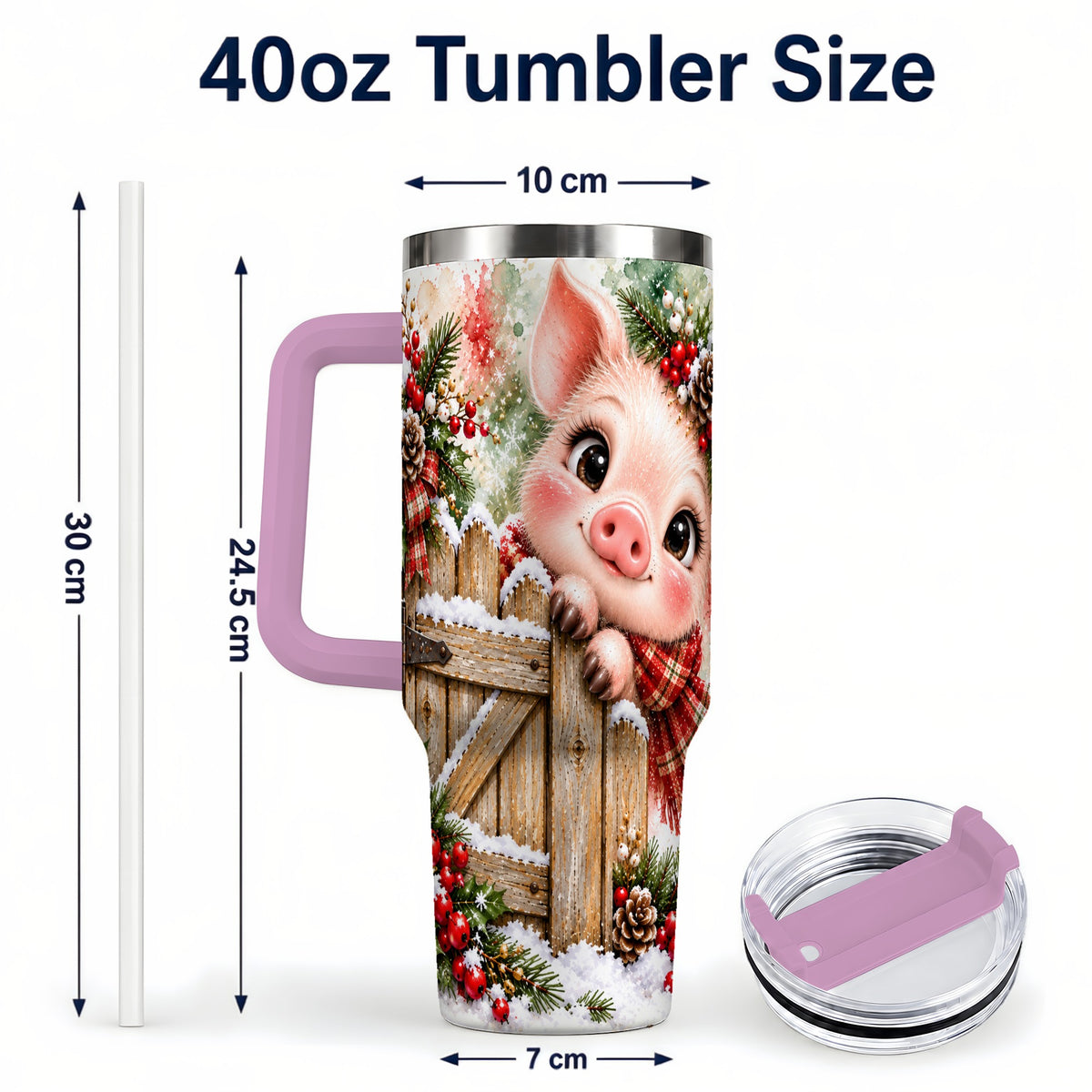#pl[40oz|Pink] Christmas Piglet 40oz Tumbler with Handle, Rustic Farmhouse Pig Art