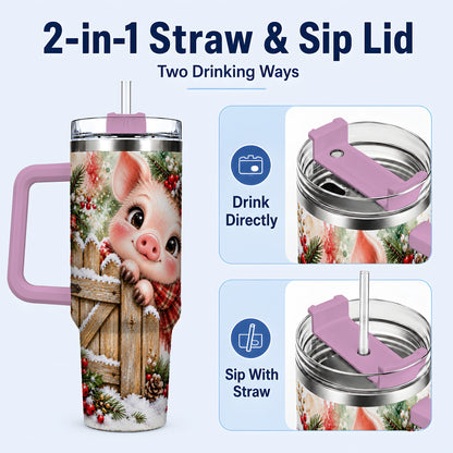 #pl[40oz|Pink] Christmas Piglet 40oz Tumbler with Handle, Rustic Farmhouse Pig Art