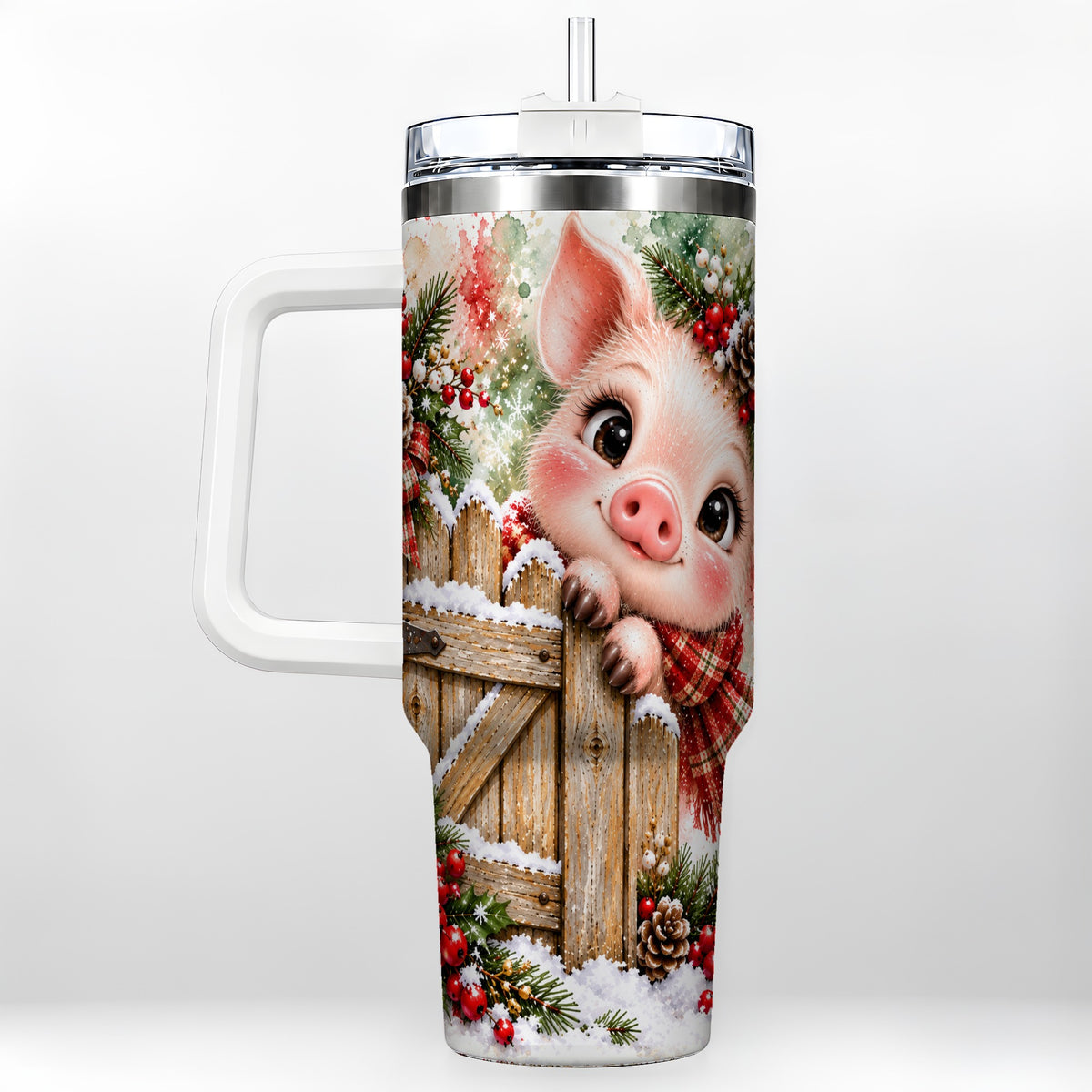 Christmas Piglet 40oz Tumbler with Handle, Rustic Farmhouse Pig Art