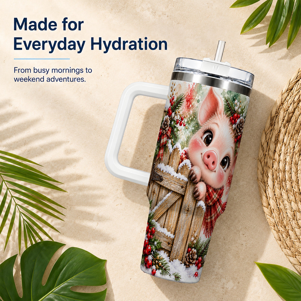 Christmas Piglet 40oz Tumbler with Handle, Rustic Farmhouse Pig Art