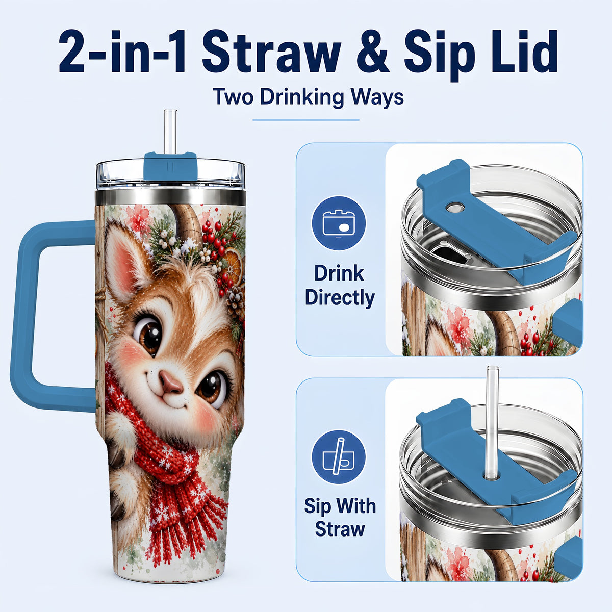 #pl[40oz|Blue] Christmas Reindeer 40oz Tumbler with Handle, Winter Deer Drinkware