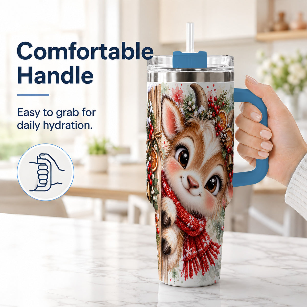 #pl[40oz|Blue] Christmas Reindeer 40oz Tumbler with Handle, Winter Deer Drinkware