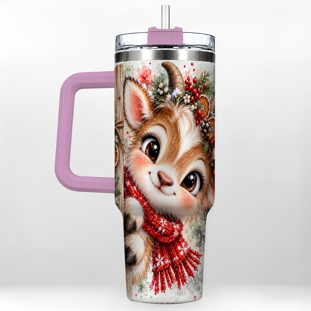 #pl[40oz|Pink] Christmas Reindeer 40oz Tumbler with Handle, Winter Deer Drinkware