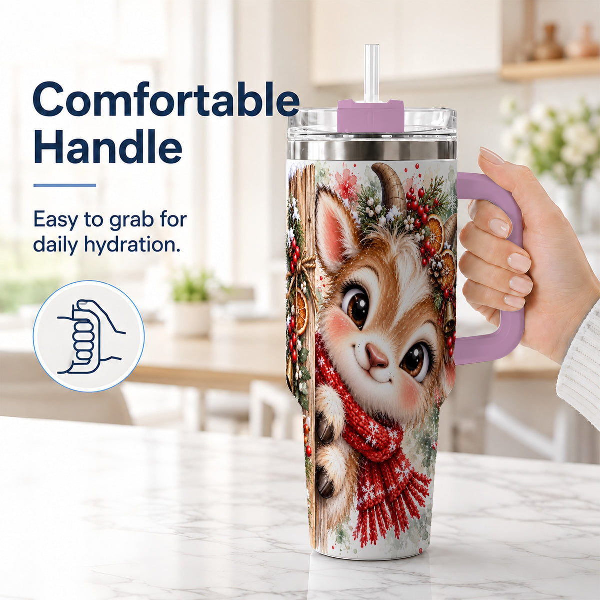 #pl[40oz|Pink] Christmas Reindeer 40oz Tumbler with Handle, Winter Deer Drinkware