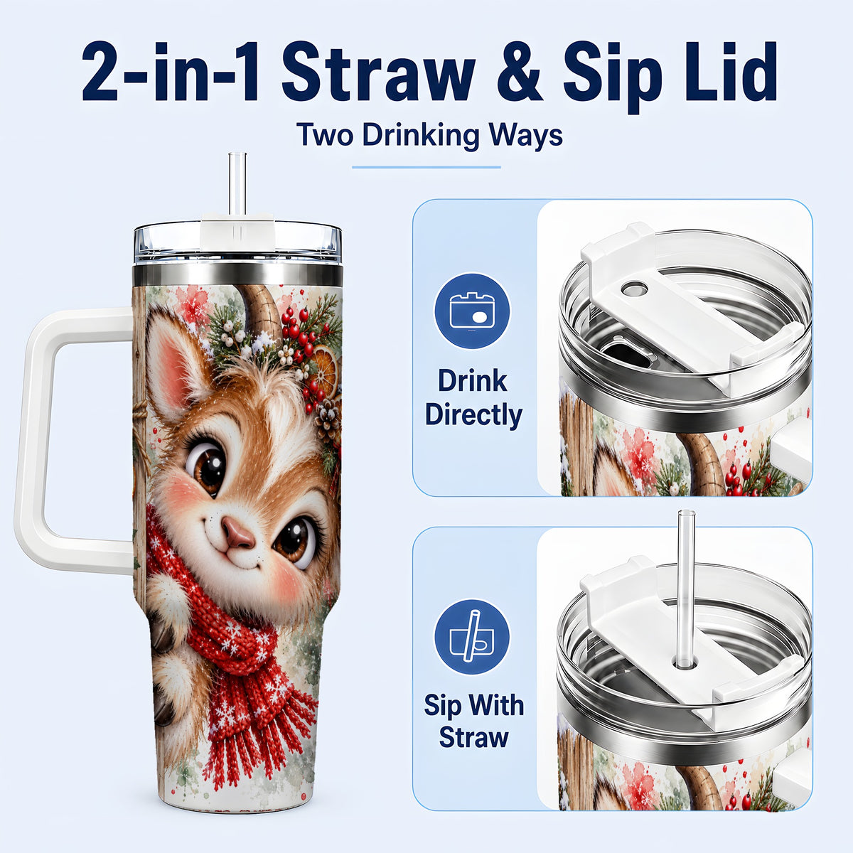 #pl[40oz|White] Christmas Reindeer 40oz Tumbler with Handle, Winter Deer Drinkware