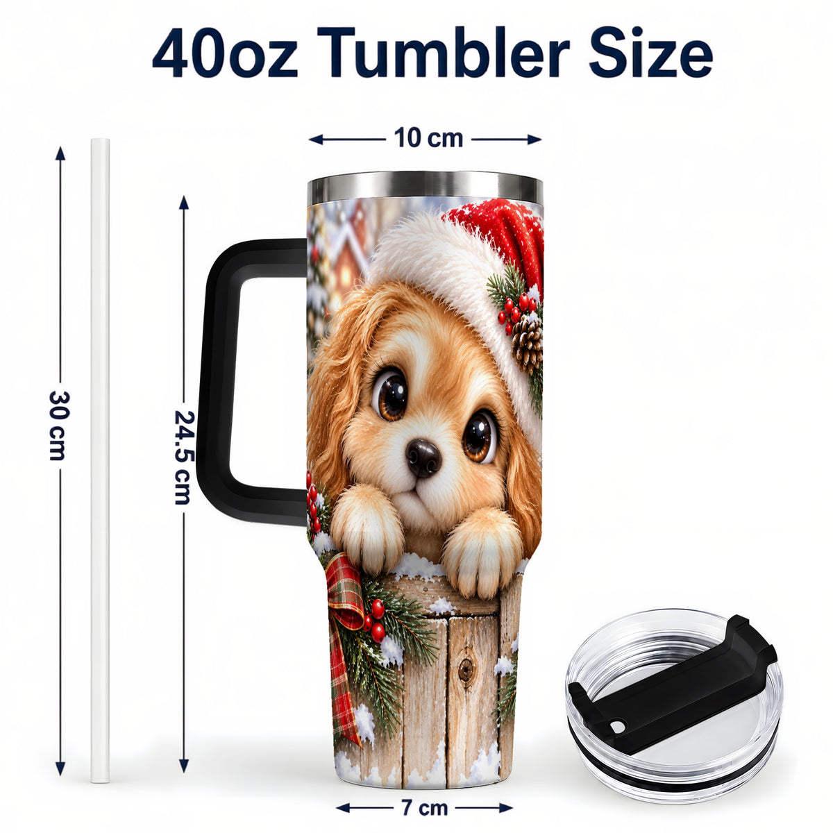 #pl[40oz|Black] Christmas Puppy 40oz Tumbler with Handle, Santa Dog Holiday Drinkware
