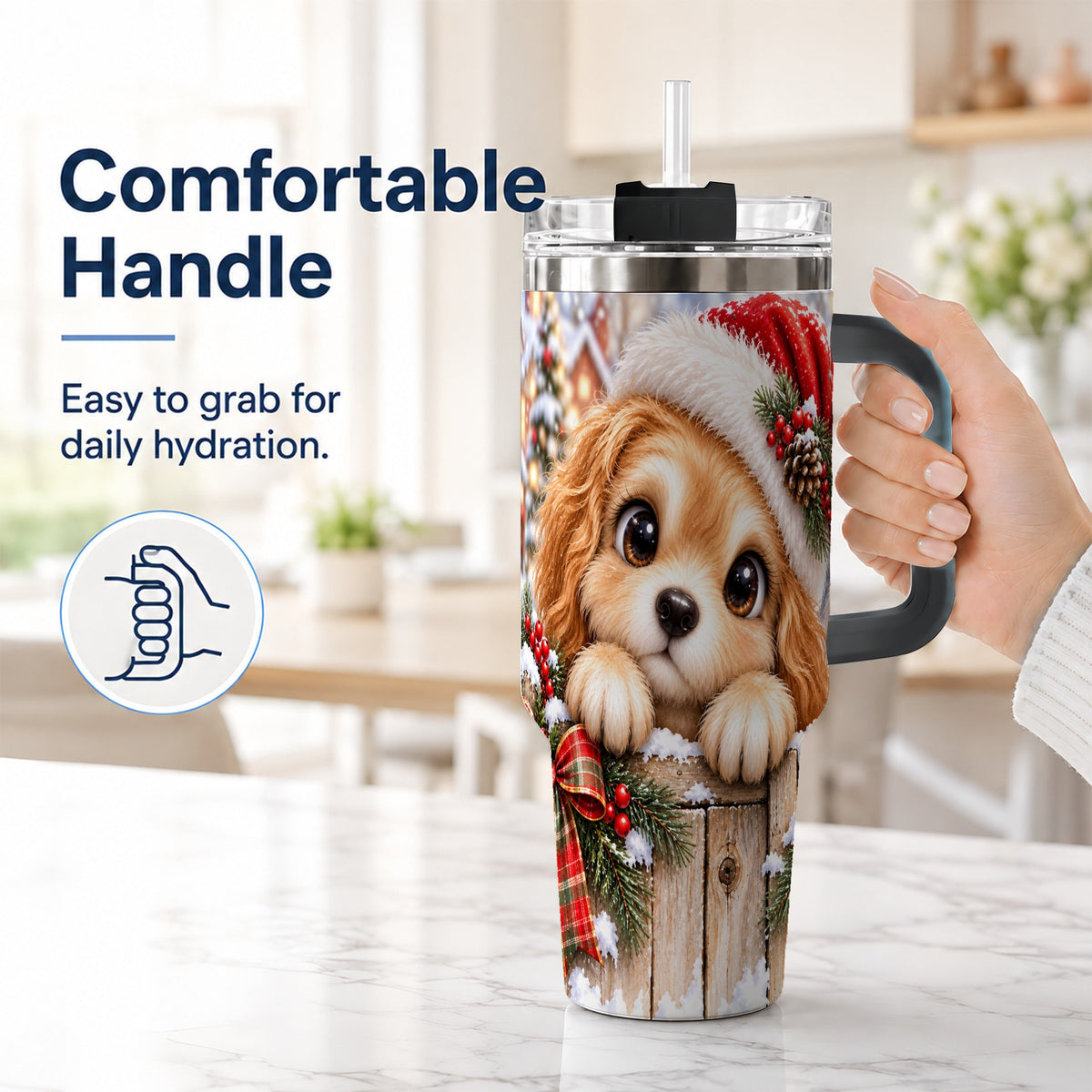 #pl[40oz|Black] Christmas Puppy 40oz Tumbler with Handle, Santa Dog Holiday Drinkware