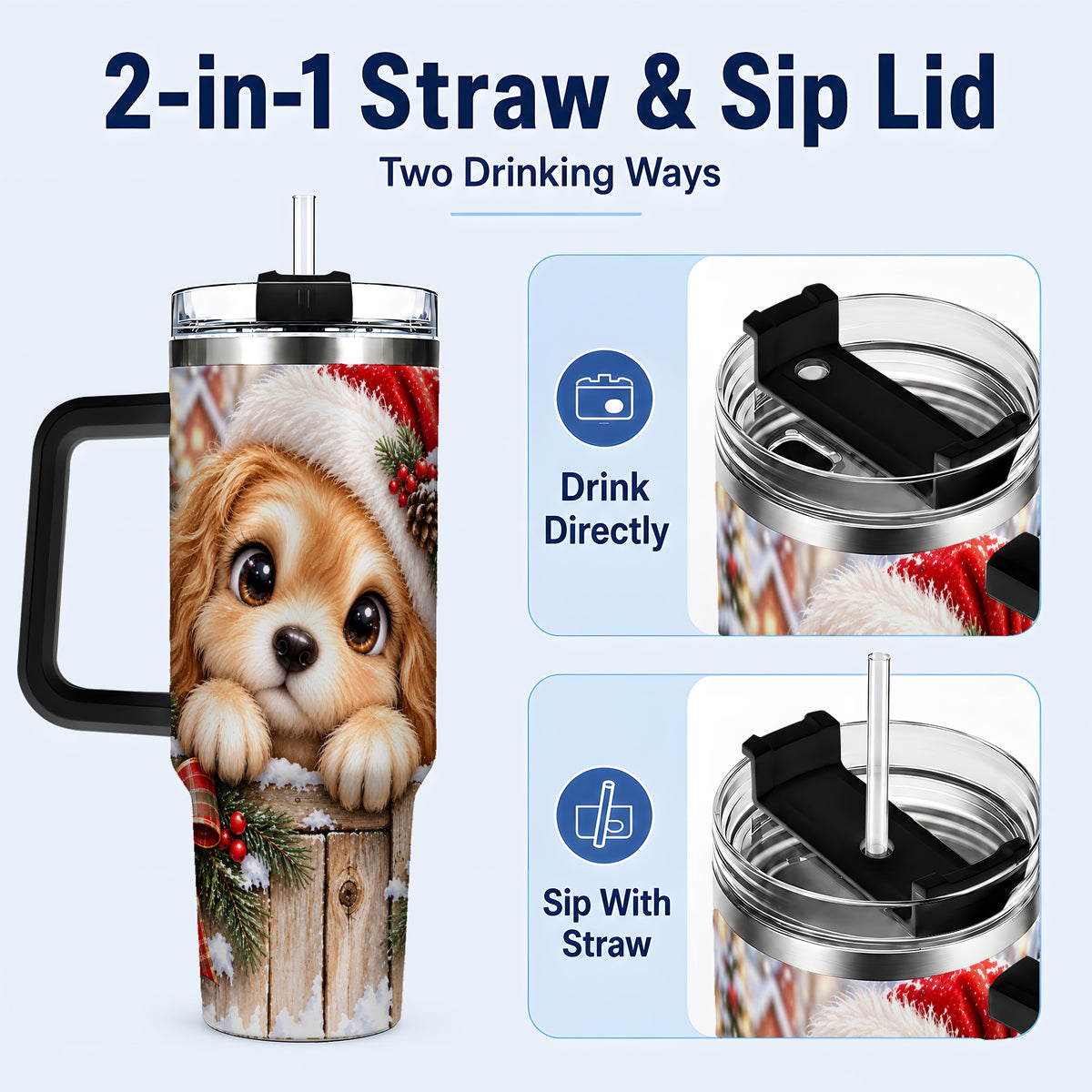 #pl[40oz|Black] Christmas Puppy 40oz Tumbler with Handle, Santa Dog Holiday Drinkware