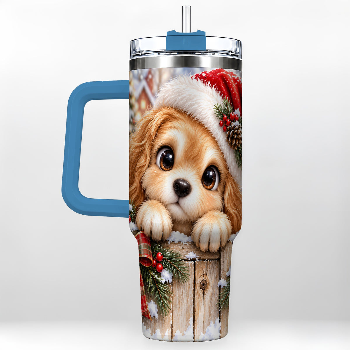#pl[40oz|Blue] Christmas Puppy 40oz Tumbler with Handle, Santa Dog Holiday Drinkware