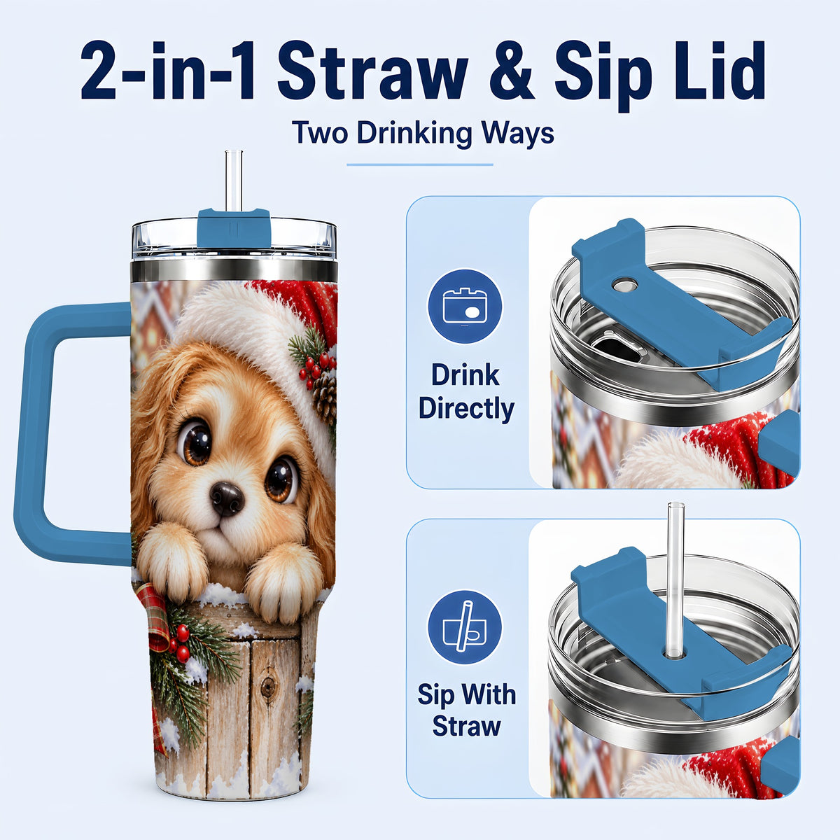 #pl[40oz|Blue] Christmas Puppy 40oz Tumbler with Handle, Santa Dog Holiday Drinkware