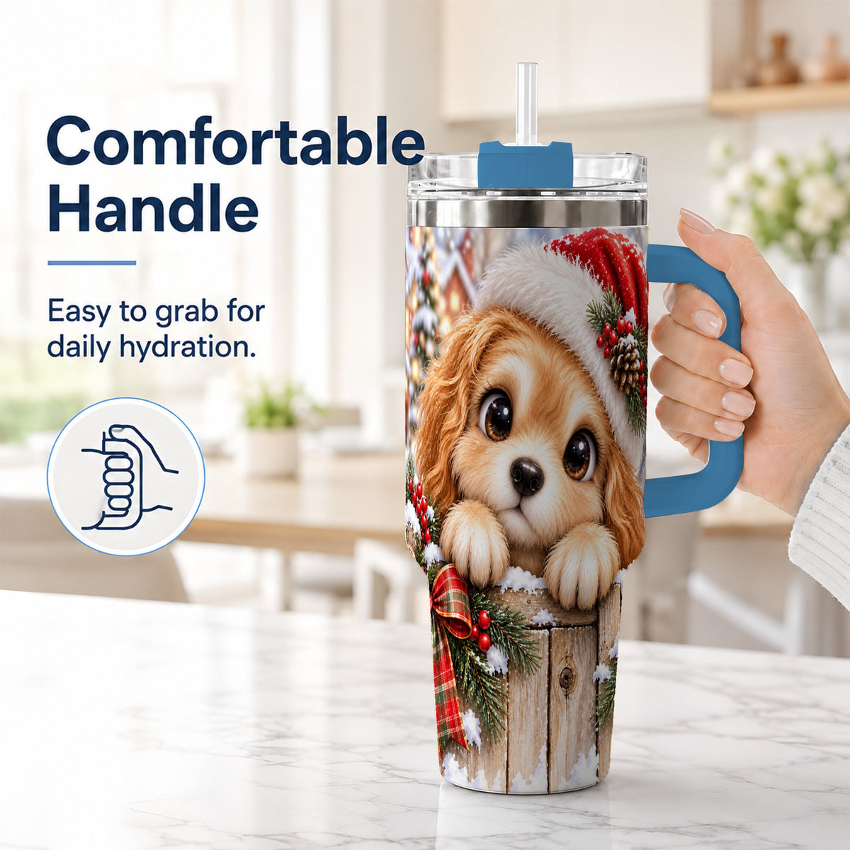 #pl[40oz|Blue] Christmas Puppy 40oz Tumbler with Handle, Santa Dog Holiday Drinkware