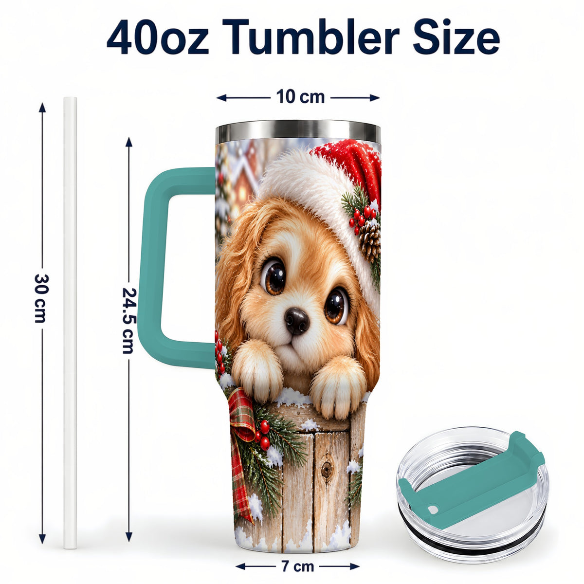 #pl[40oz|Green] Christmas Puppy 40oz Tumbler with Handle, Santa Dog Holiday Drinkware