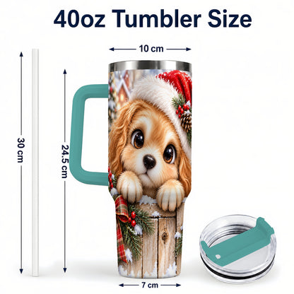 #pl[40oz|Green] Christmas Puppy 40oz Tumbler with Handle, Santa Dog Holiday Drinkware