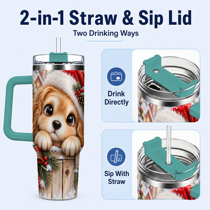 #pl[40oz|Green] Christmas Puppy 40oz Tumbler with Handle, Santa Dog Holiday Drinkware