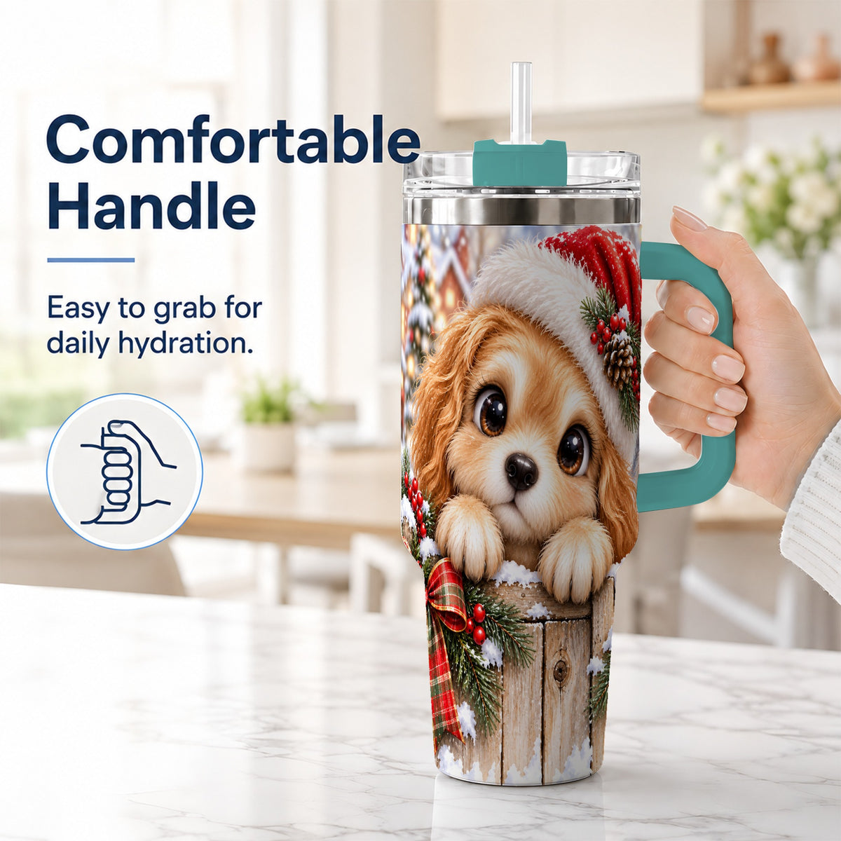#pl[40oz|Green] Christmas Puppy 40oz Tumbler with Handle, Santa Dog Holiday Drinkware