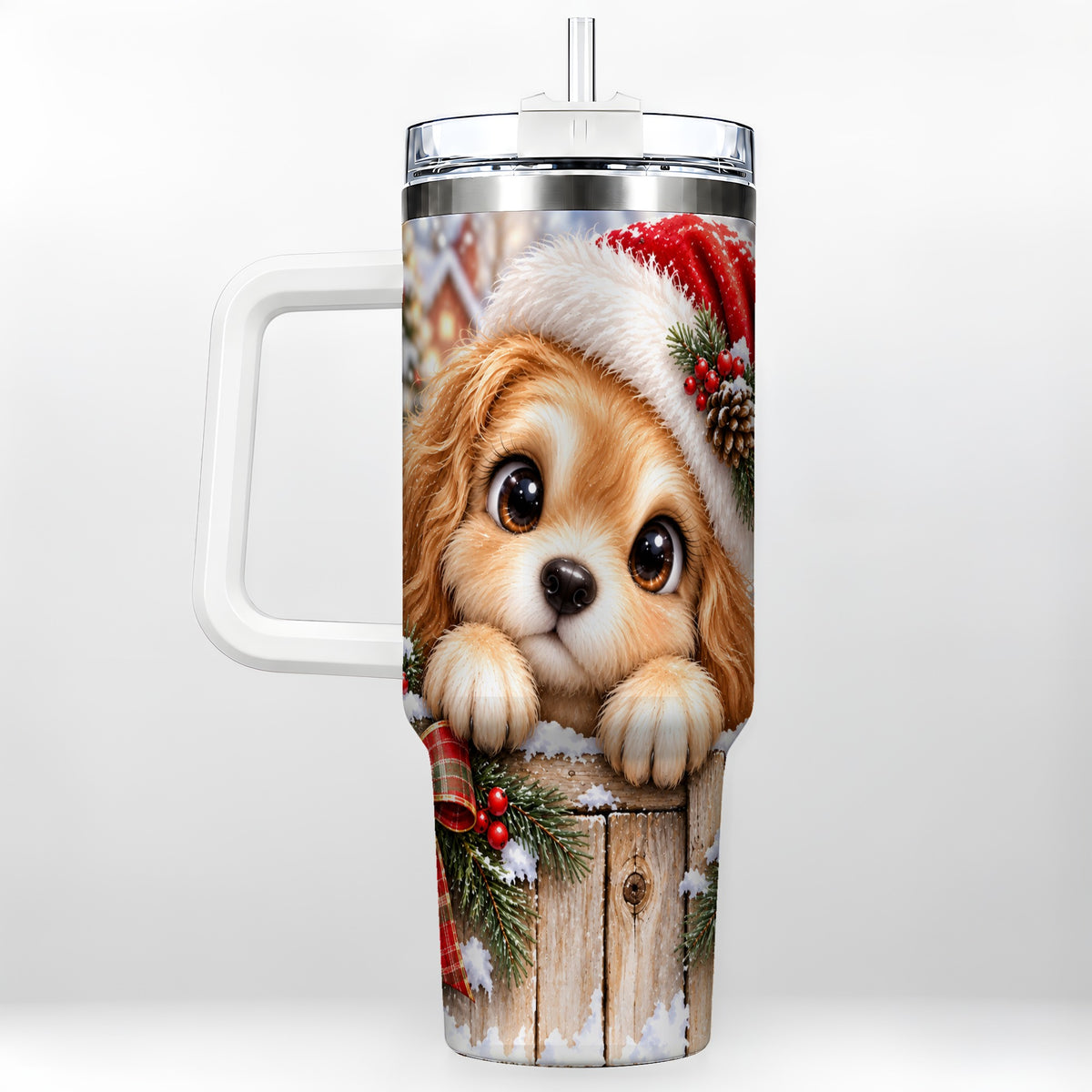 Christmas Puppy 40oz Tumbler with Handle, Santa Dog Holiday Drinkware