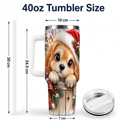 #pl[40oz|White] Christmas Puppy 40oz Tumbler with Handle, Santa Dog Holiday Drinkware