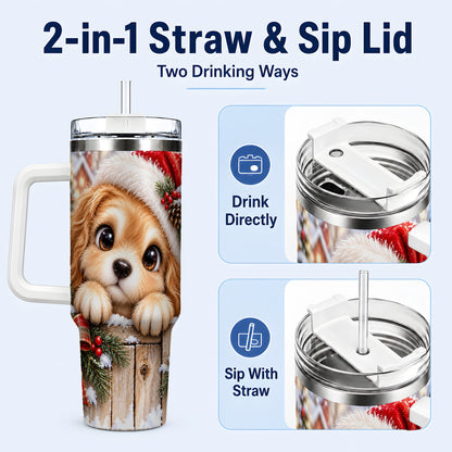 #pl[40oz|White] Christmas Puppy 40oz Tumbler with Handle, Santa Dog Holiday Drinkware