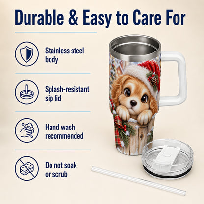 Christmas Puppy 40oz Tumbler with Handle, Santa Dog Holiday Drinkware