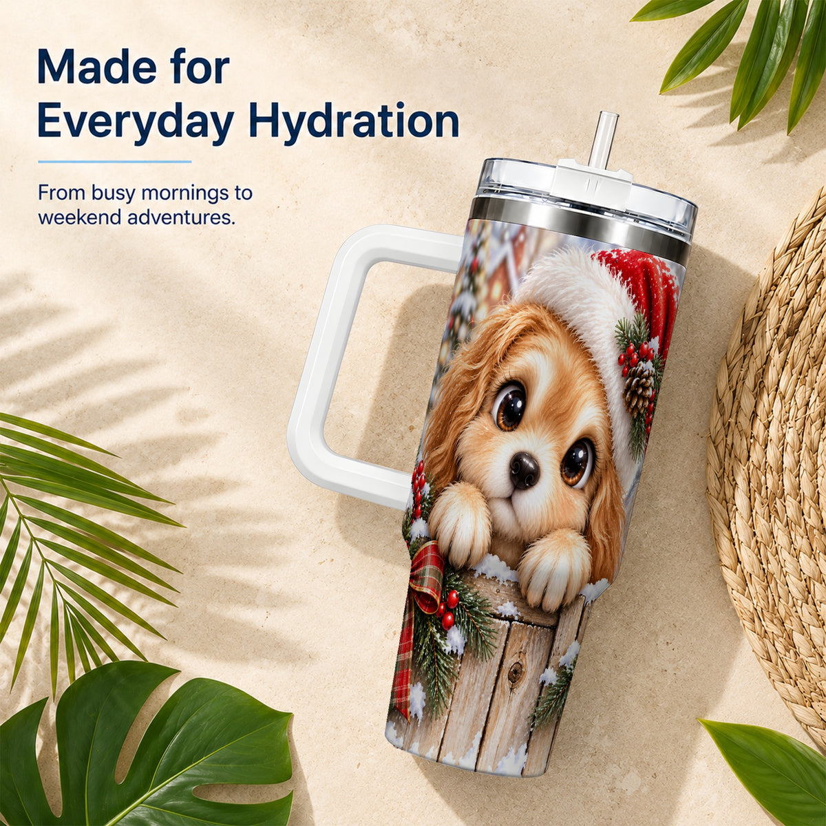 Christmas Puppy 40oz Tumbler with Handle, Santa Dog Holiday Drinkware
