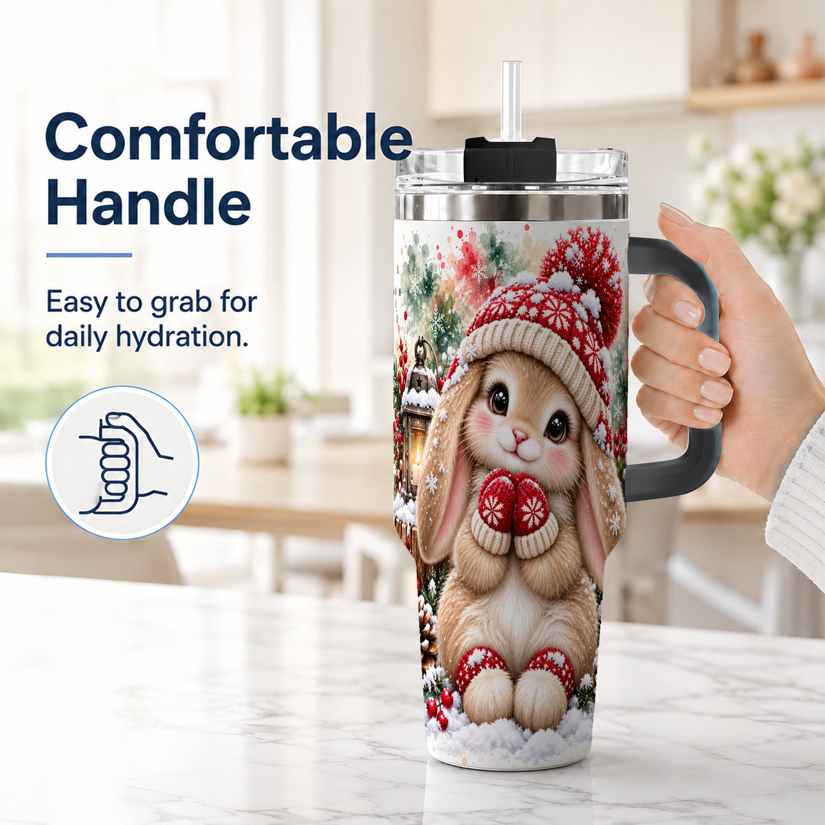 #pl[40oz|Black] Christmas Bunny 40oz Tumbler with Handle, Winter Rabbit Drinkware