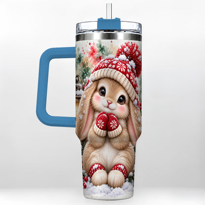 #pl[40oz|Blue] Christmas Bunny 40oz Tumbler with Handle, Winter Rabbit Drinkware