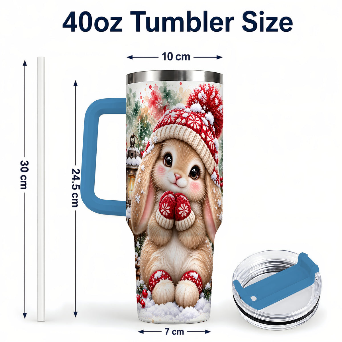 #pl[40oz|Blue] Christmas Bunny 40oz Tumbler with Handle, Winter Rabbit Drinkware