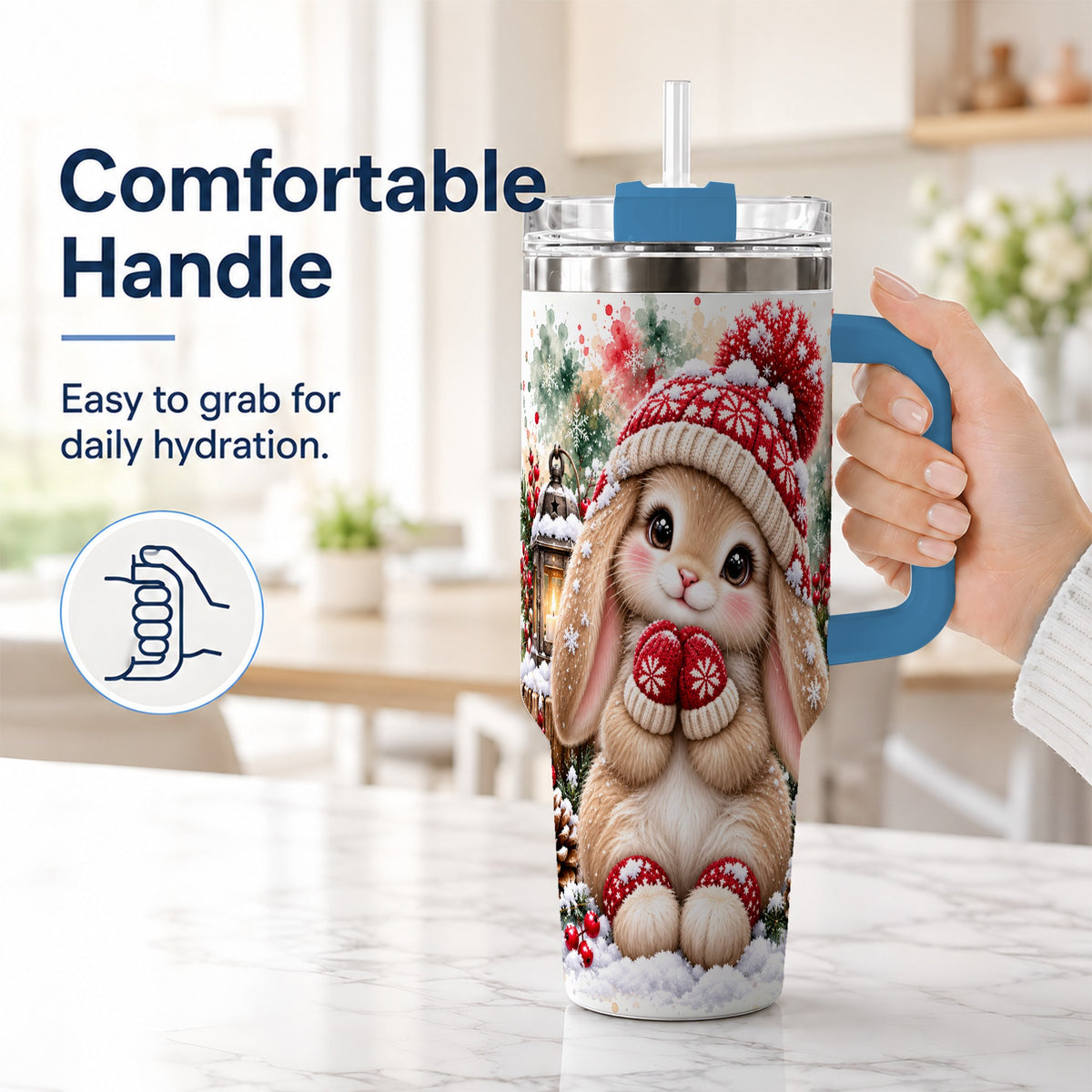 #pl[40oz|Blue] Christmas Bunny 40oz Tumbler with Handle, Winter Rabbit Drinkware