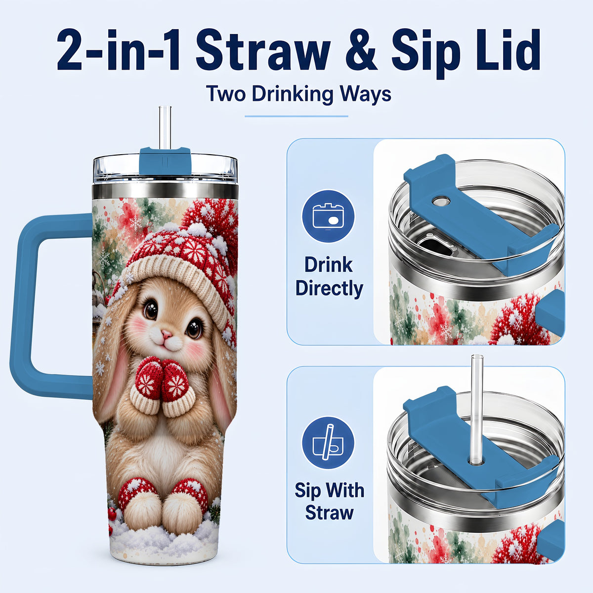 #pl[40oz|Blue] Christmas Bunny 40oz Tumbler with Handle, Winter Rabbit Drinkware