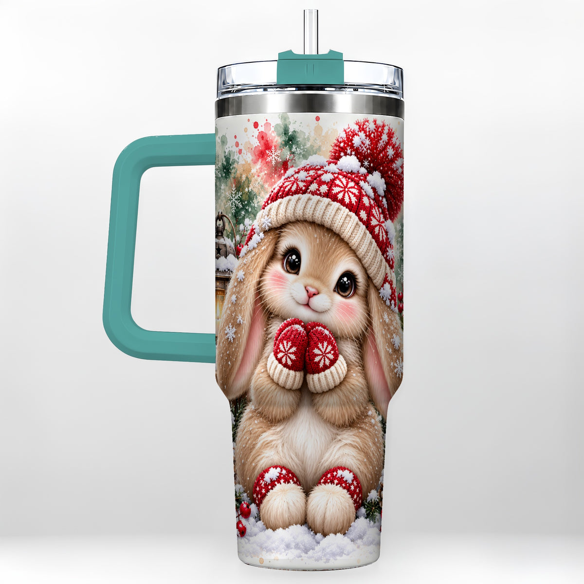 #pl[40oz|Green] Christmas Bunny 40oz Tumbler with Handle, Winter Rabbit Drinkware
