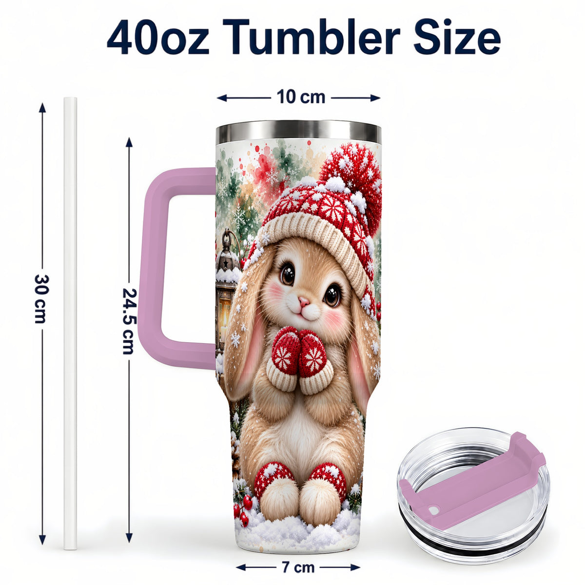 #pl[40oz|Pink] Christmas Bunny 40oz Tumbler with Handle, Winter Rabbit Drinkware