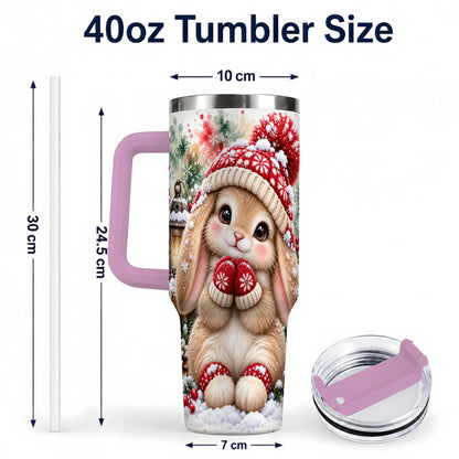 #pl[40oz|Pink] Christmas Bunny 40oz Tumbler with Handle, Winter Rabbit Drinkware