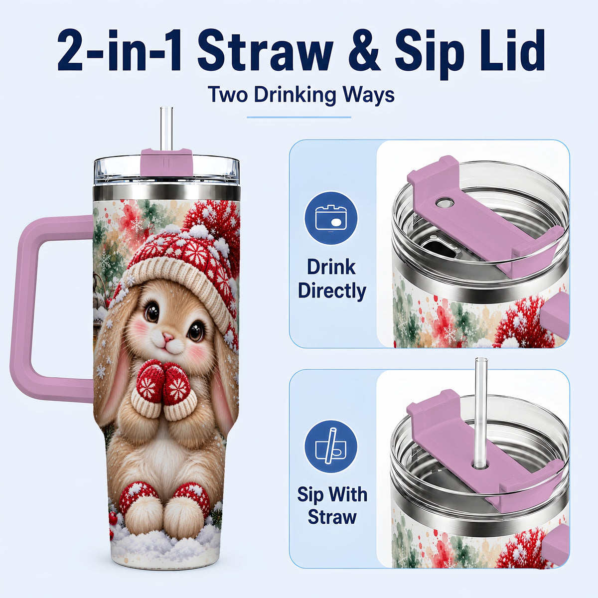 #pl[40oz|Pink] Christmas Bunny 40oz Tumbler with Handle, Winter Rabbit Drinkware