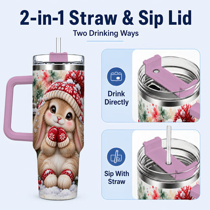 #pl[40oz|Pink] Christmas Bunny 40oz Tumbler with Handle, Winter Rabbit Drinkware